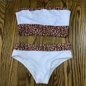 SHEIN white bandeau bikini set with leopard print
